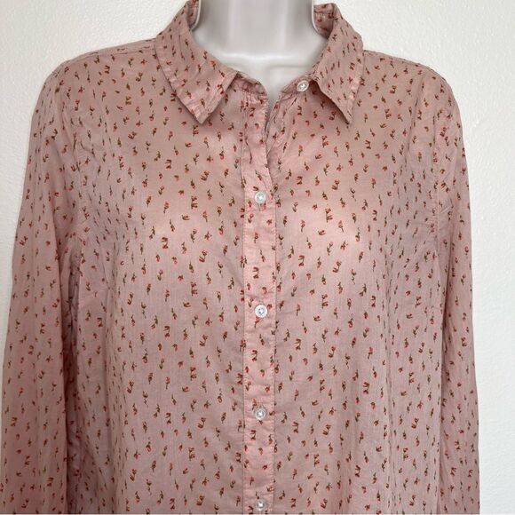 Old Navy Ditsy Floral Tan Red Button Up Long Sleeve Cotton Shirt Women Large NWT - Picture 3 of 14